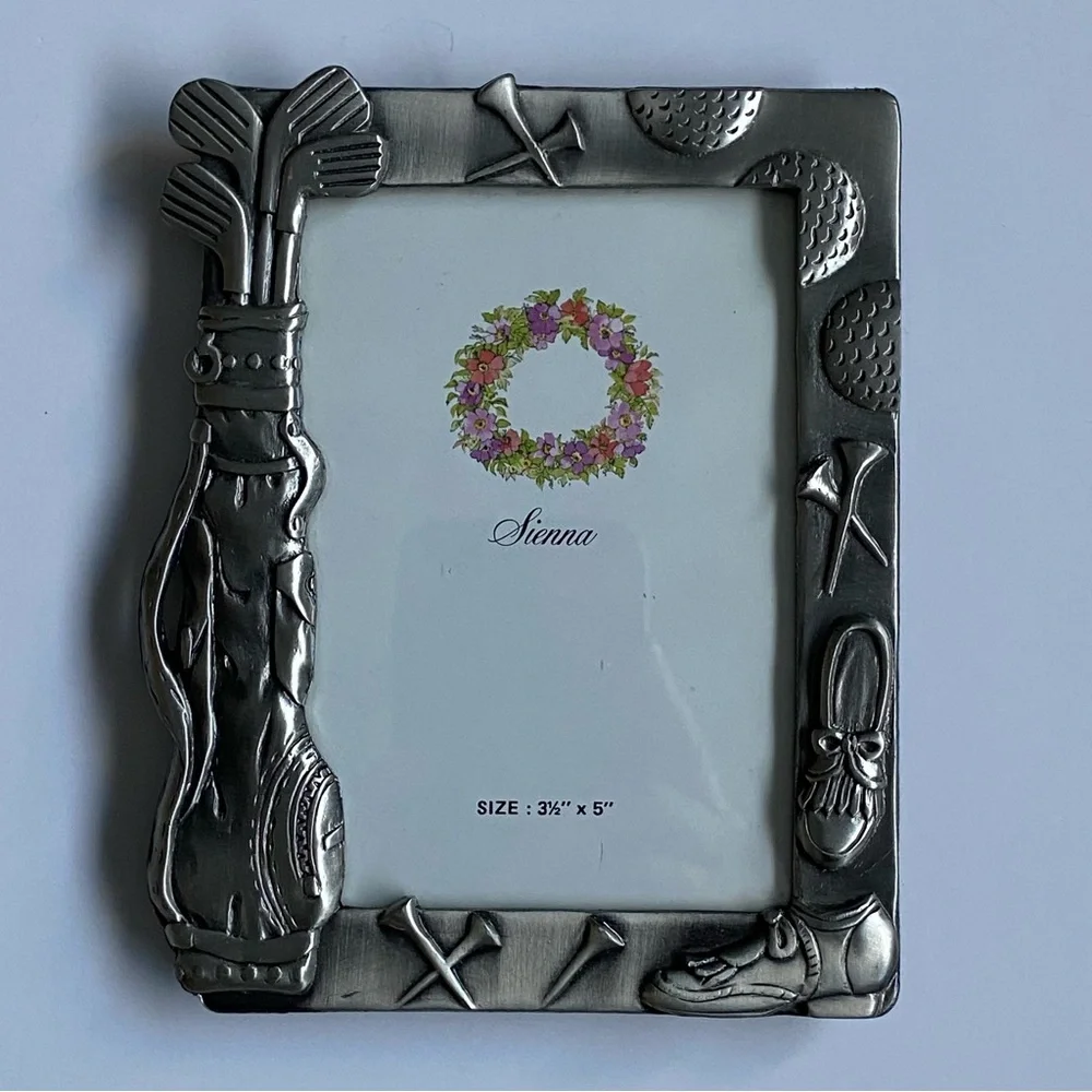 Golf Picture Frame Polished Pewter Sienna 3.5” X 5” Photo Balls Bag Clubs shoes